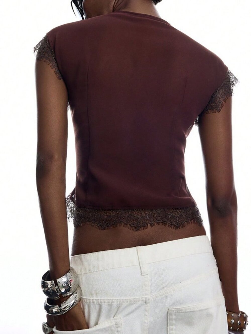 Coffee Brown Sexy Women's Lace Embroidered Tie-Up Asymmetrical Sheer Blouse - Picture 2 of 9